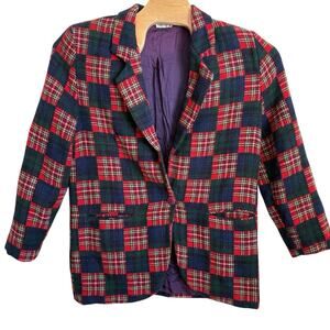 Vintage 90's Ormond Wool Blend Blazer Women's Size Large Red Plaid Holiday Tweed